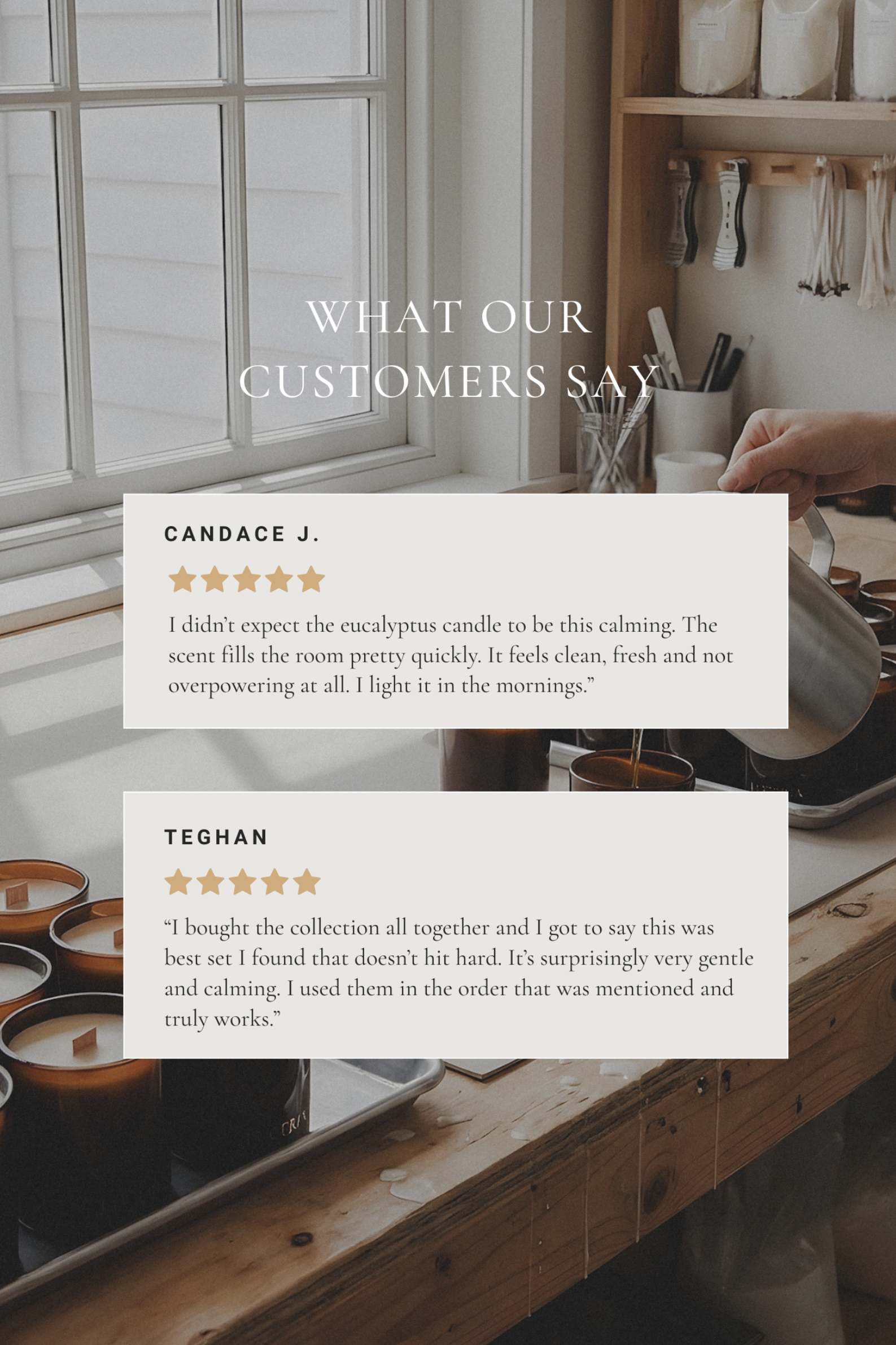 Product packaging with customer reviews displayed on a blurred background