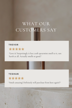 Bottle of Luceria perfume with customer reviews displayed on a blurred background