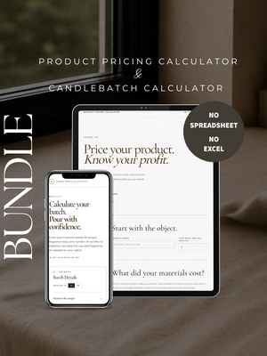 Digital product mockup showing a product pricing calculator and candlebatch calculator bundle by Studio Noven Co. displayed on a tablet and smartphone screen, set against a cozy dark brown fabric background with a window frame.