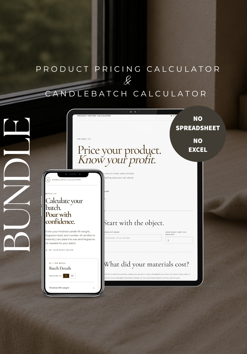 Digital product mockup showing a product pricing calculator and candlebatch calculator bundle by Studio Noven Co. displayed on a tablet and smartphone screen, set against a cozy dark brown fabric background with a window frame.