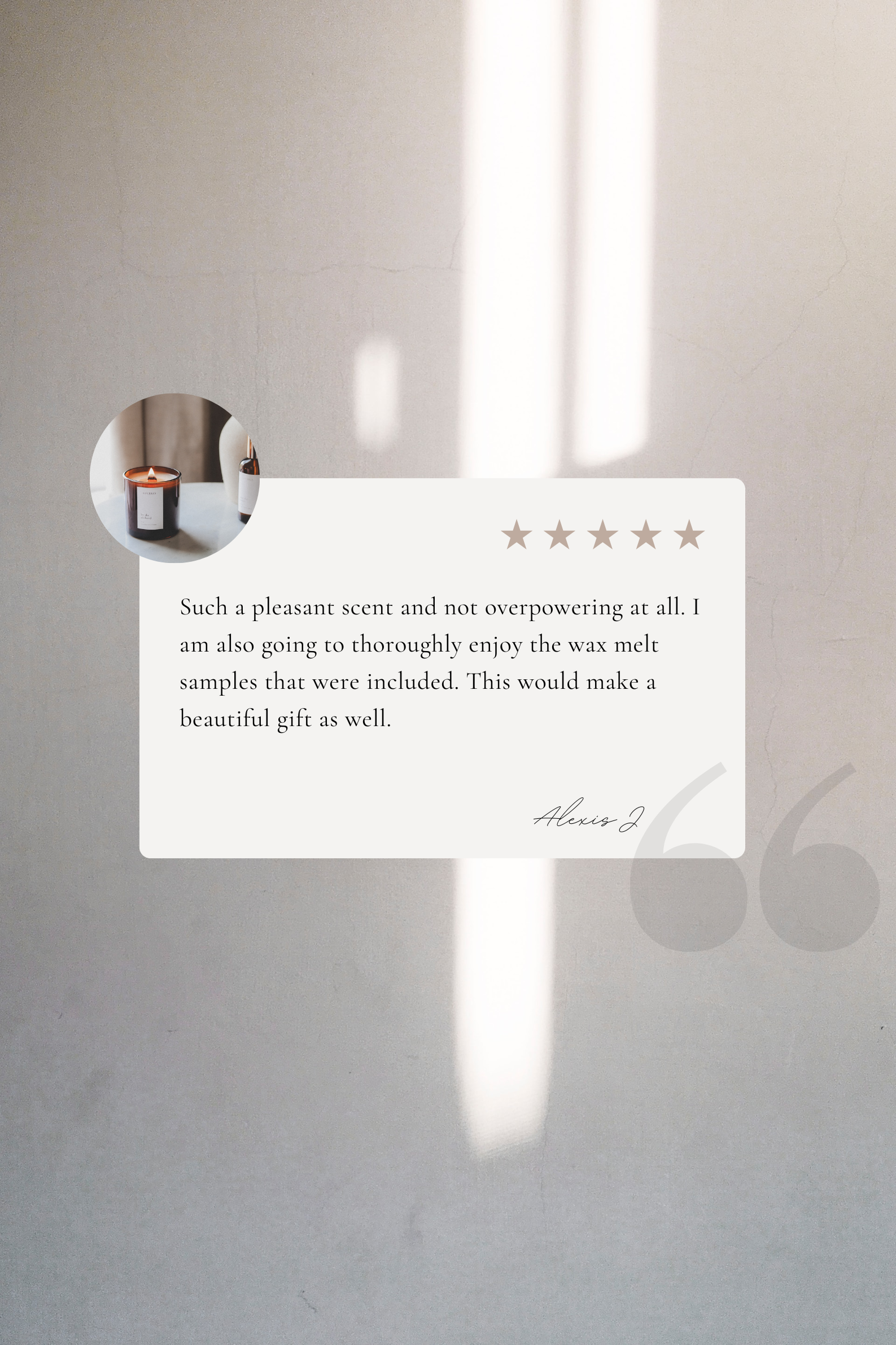 Five-star review card for By the Orchard candle image on a light gray background.