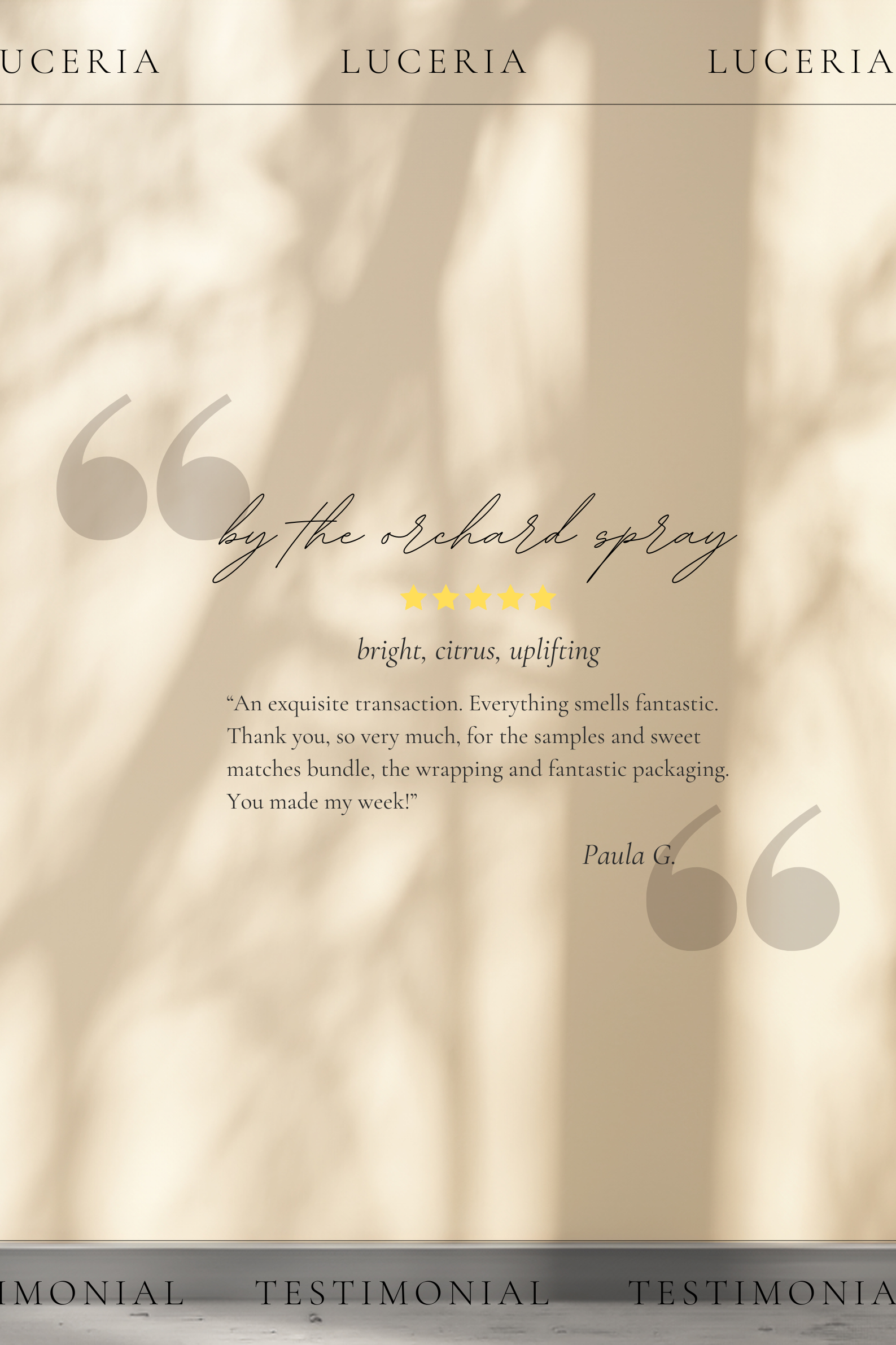 Product packaging with 'LUCERIA' branding and customer testimonial text.