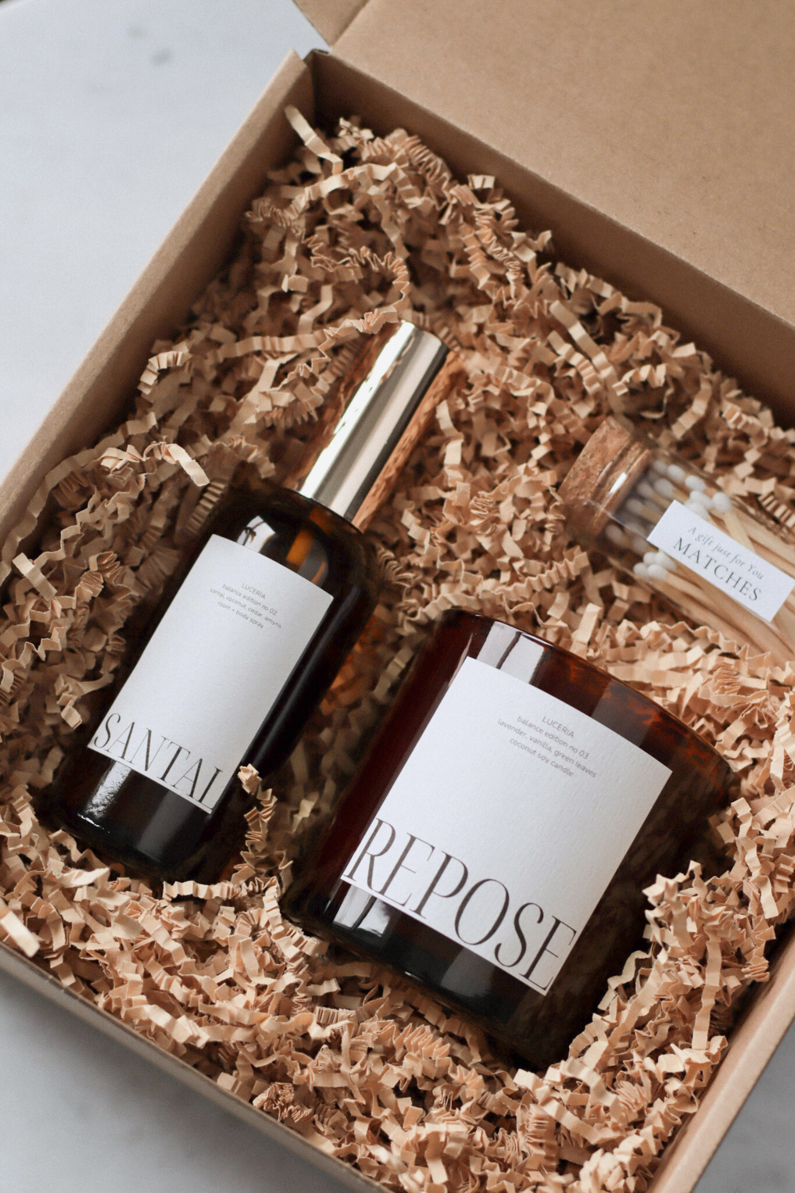 candle and spray bundle gift box with Kraft shredded paper and matches