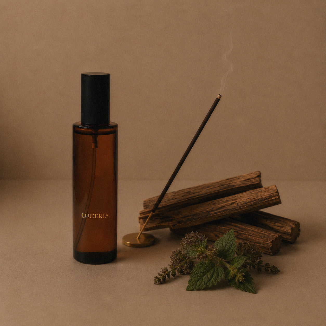 Ember room and linen spray amber glass bottle with a black cap and gold 'LUCERIA' branding stands beside a burning incense stick on a gold stand, with sandalwood and patchouli, all set against a warm brown paper background.