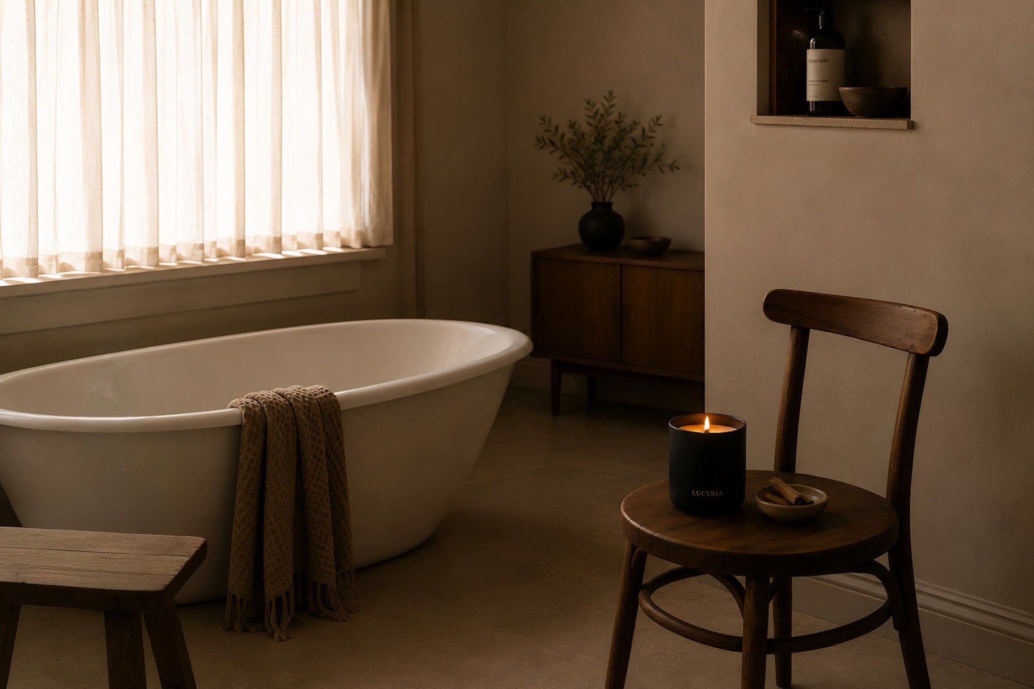A warm, atmospheric bathroom scene featuring a white freestanding bathtub with a textured beige towel draped over the edge, a dark wood chair with a lit black LUCERIA candle on its seat, and a wooden stool in the foreground. The background includes a wooden cabinet with a potted plant and a window with sheer curtains.