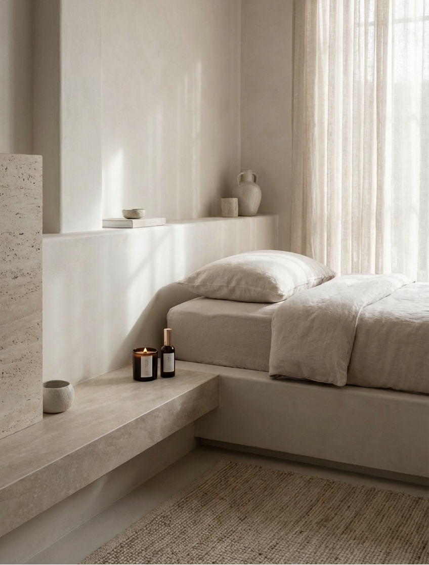 Modern bedroom with neutral tones, bed, and decor elements.