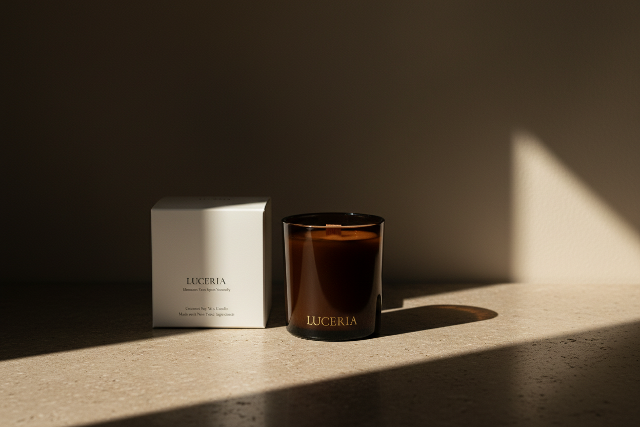 Luceria candle and packaging on a wooden surface with soft lighting