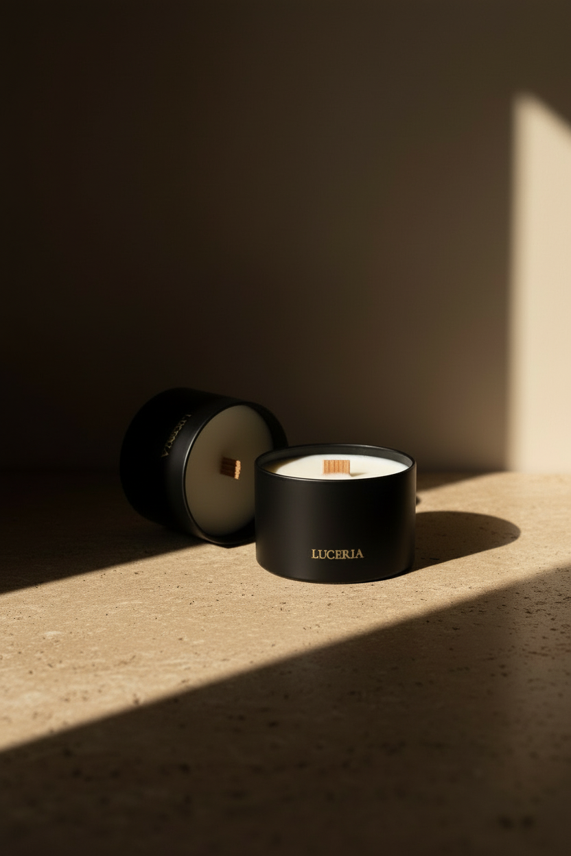 Two black candles in shadows with textured and 'LUCERIA' labels