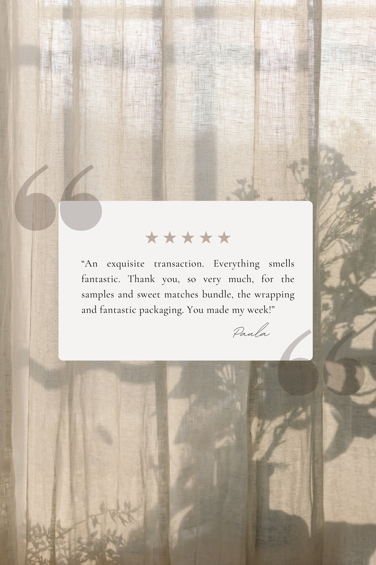 Five-star review card of On a Sunday candle on a textured surface with decorative elements