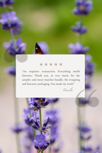 Five-star review card of On a Sunday scented lavender spray with flowers in the background