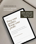 A tablet displaying a product pricing calculator template by Studio Noven Co., shown on a neutral beige background with promotional text overlays. 