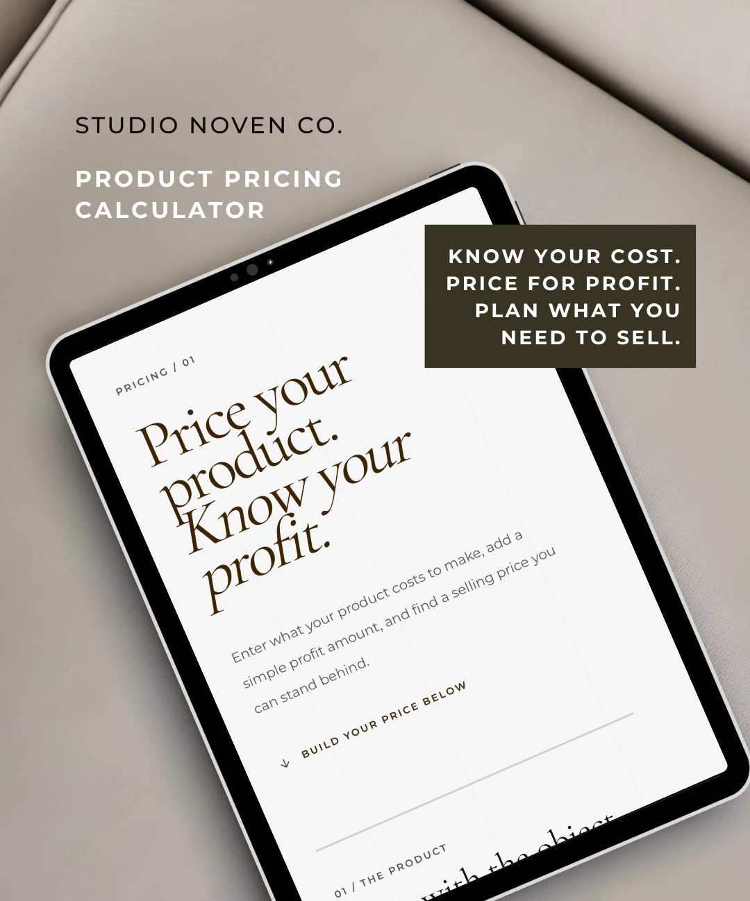 A tablet displaying a product pricing calculator template by Studio Noven Co., shown on a neutral beige background with promotional text overlays. 
