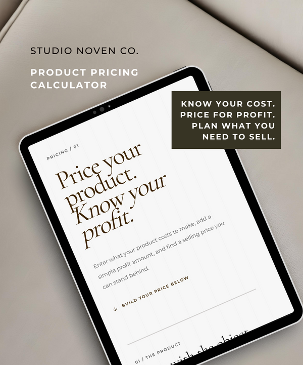 A tablet displaying a product pricing calculator template by Studio Noven Co., shown on a neutral beige background with promotional text overlays. 