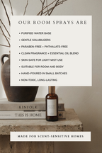 Room spray product with a list of features on a neutral background