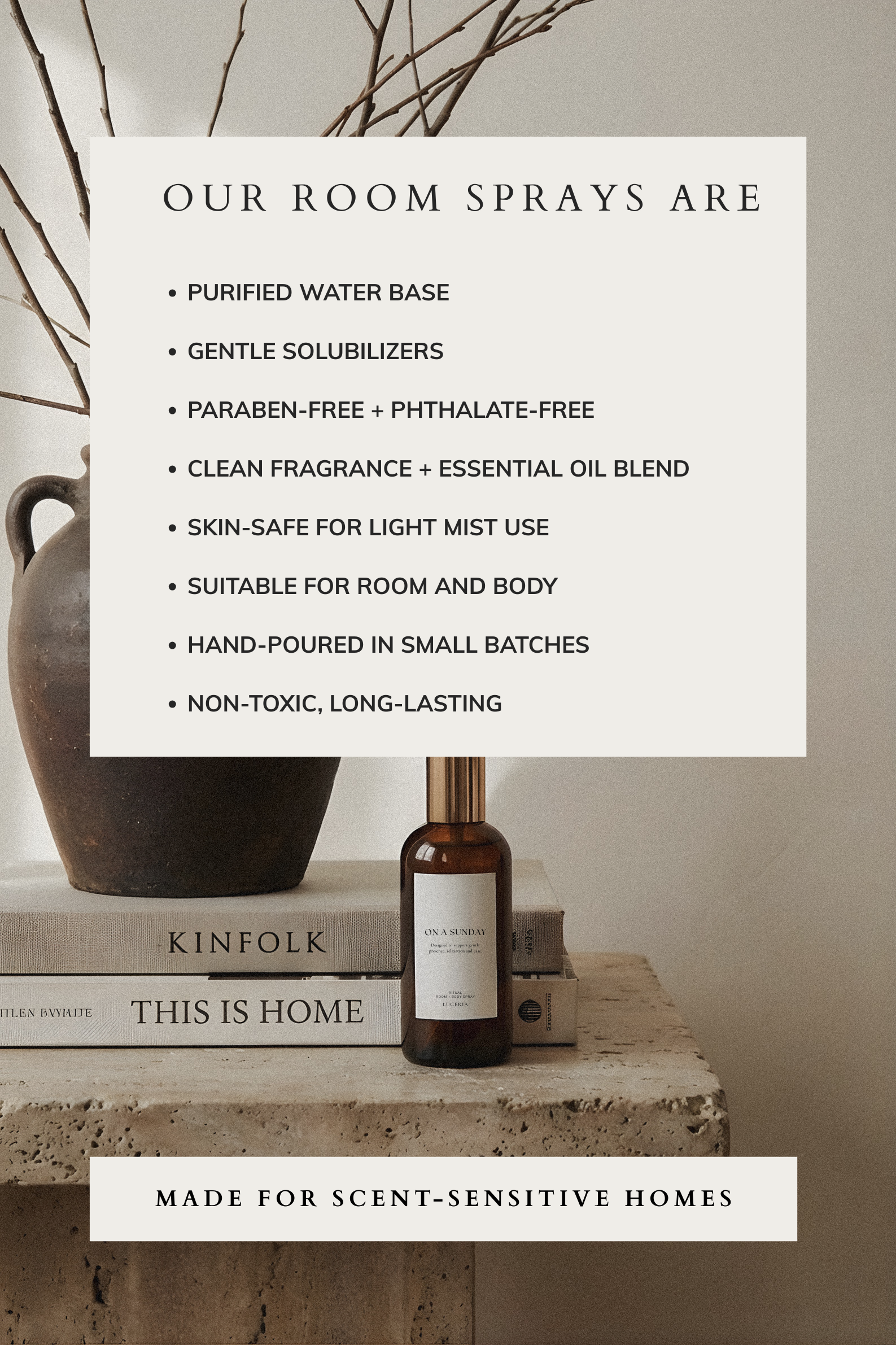 Room spray product with a list of features on a neutral background