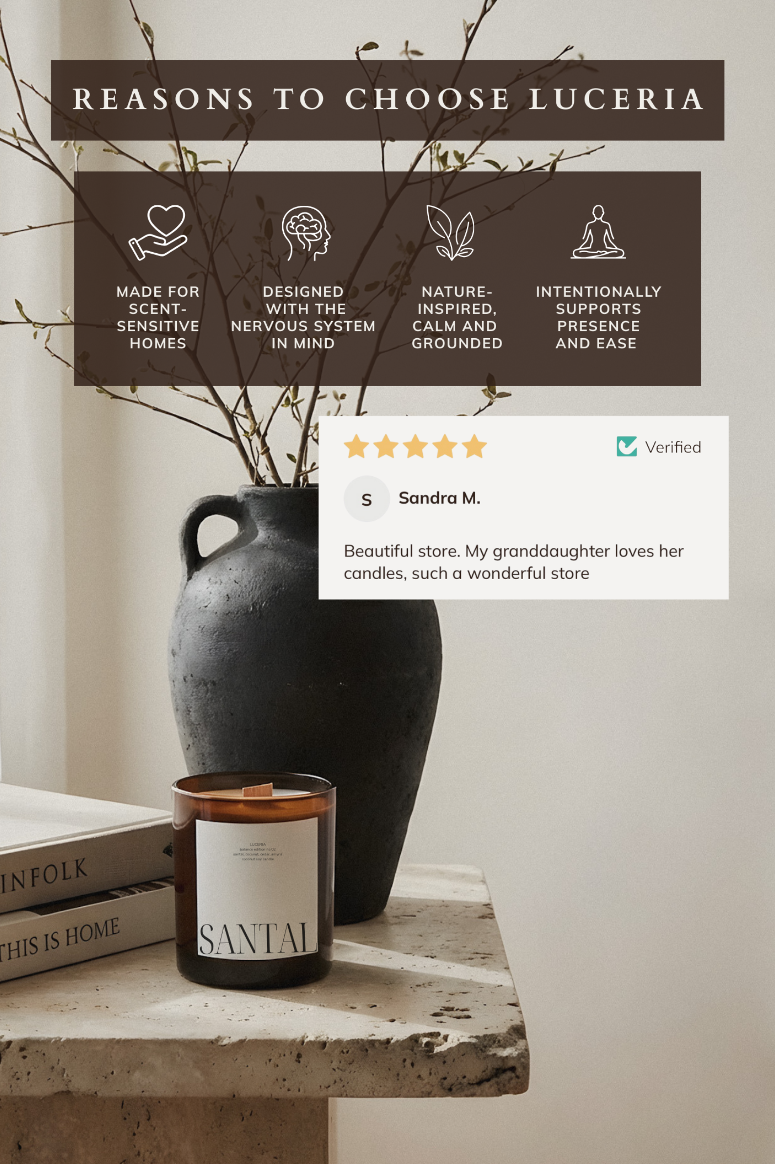 Luceria candle with a vase and books on a table, featuring product benefits and customer review.
