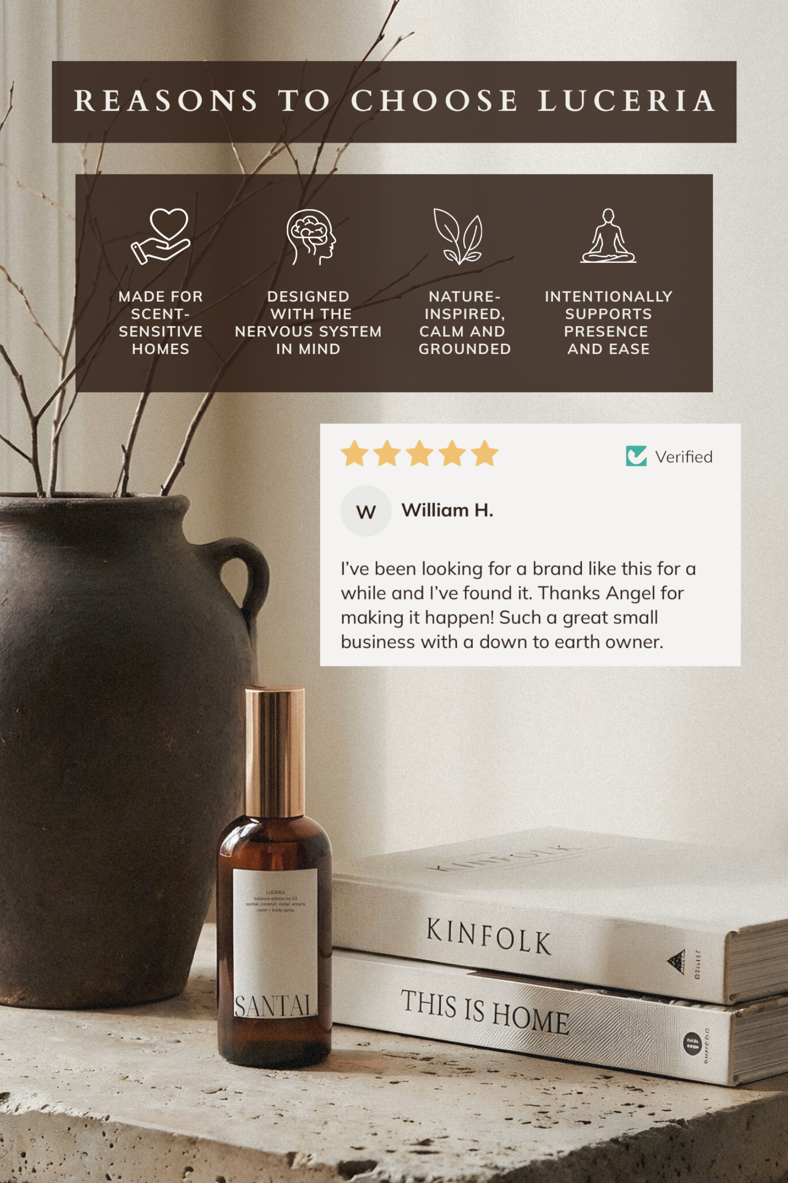 Bottle of LUCERIA product on a surface with books and a vase, featuring text about the brand.