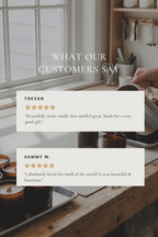 Luceria candles with customer reviews displayed on a neutral background