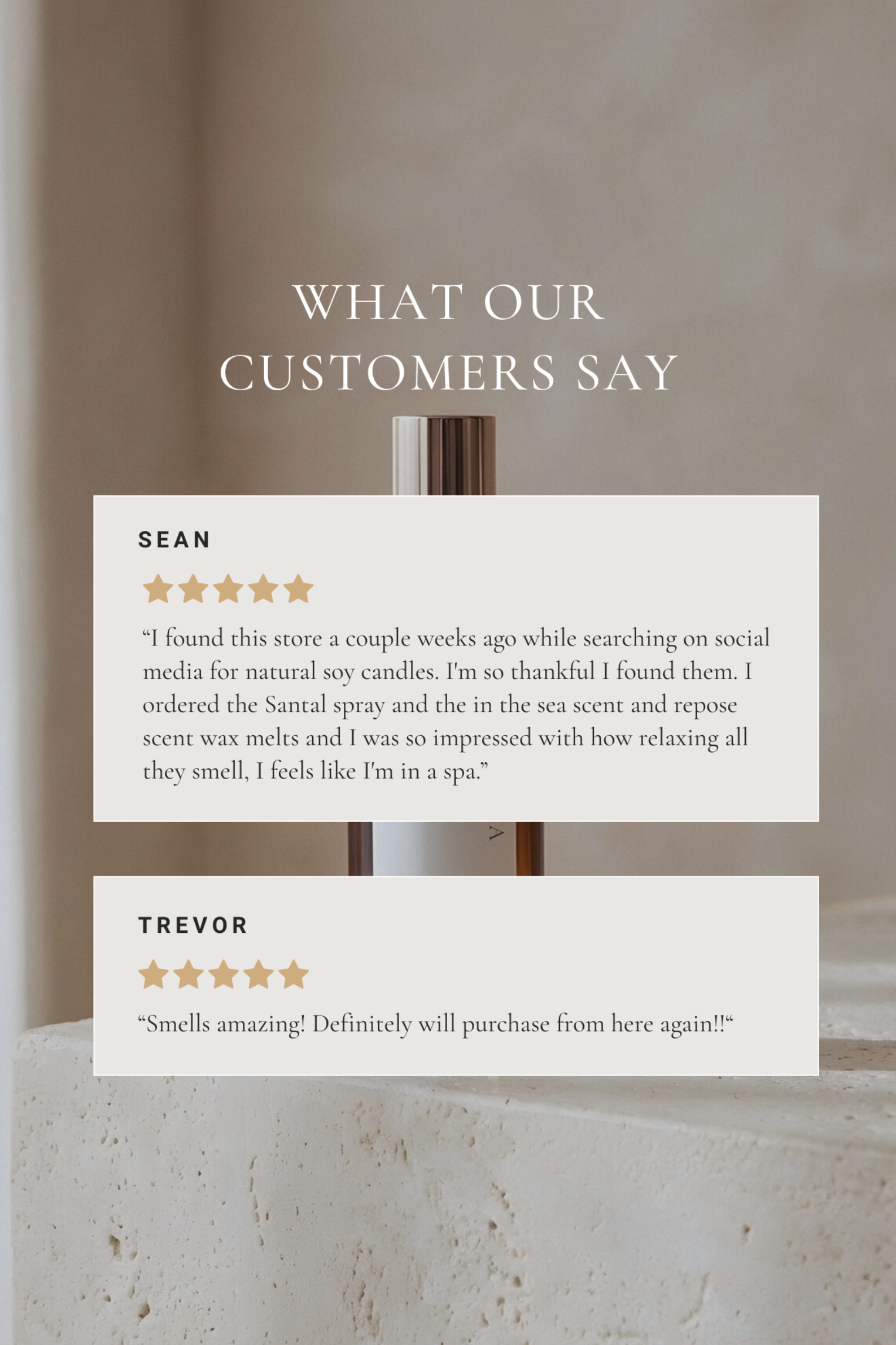 Product display with customer reviews on a neutral background