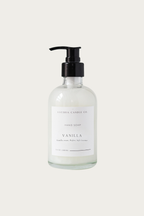 Hand soap bottle with pump labeled 'Vanilla' by Luceria Candle Co. on a white background