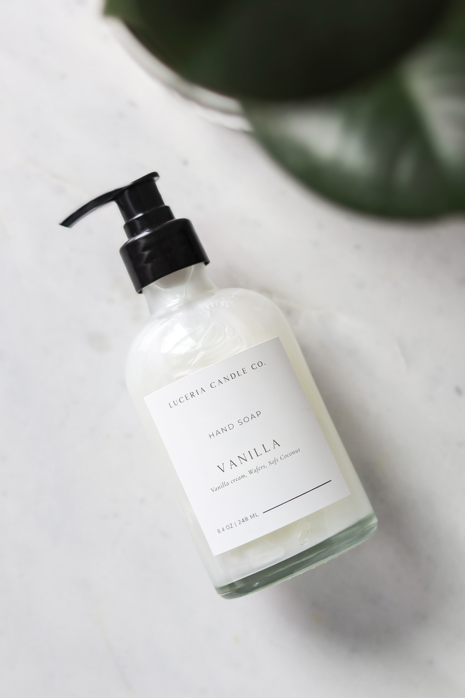 Hand soap bottle labeled 'Vanilla' on a marble surface with a plant in the background