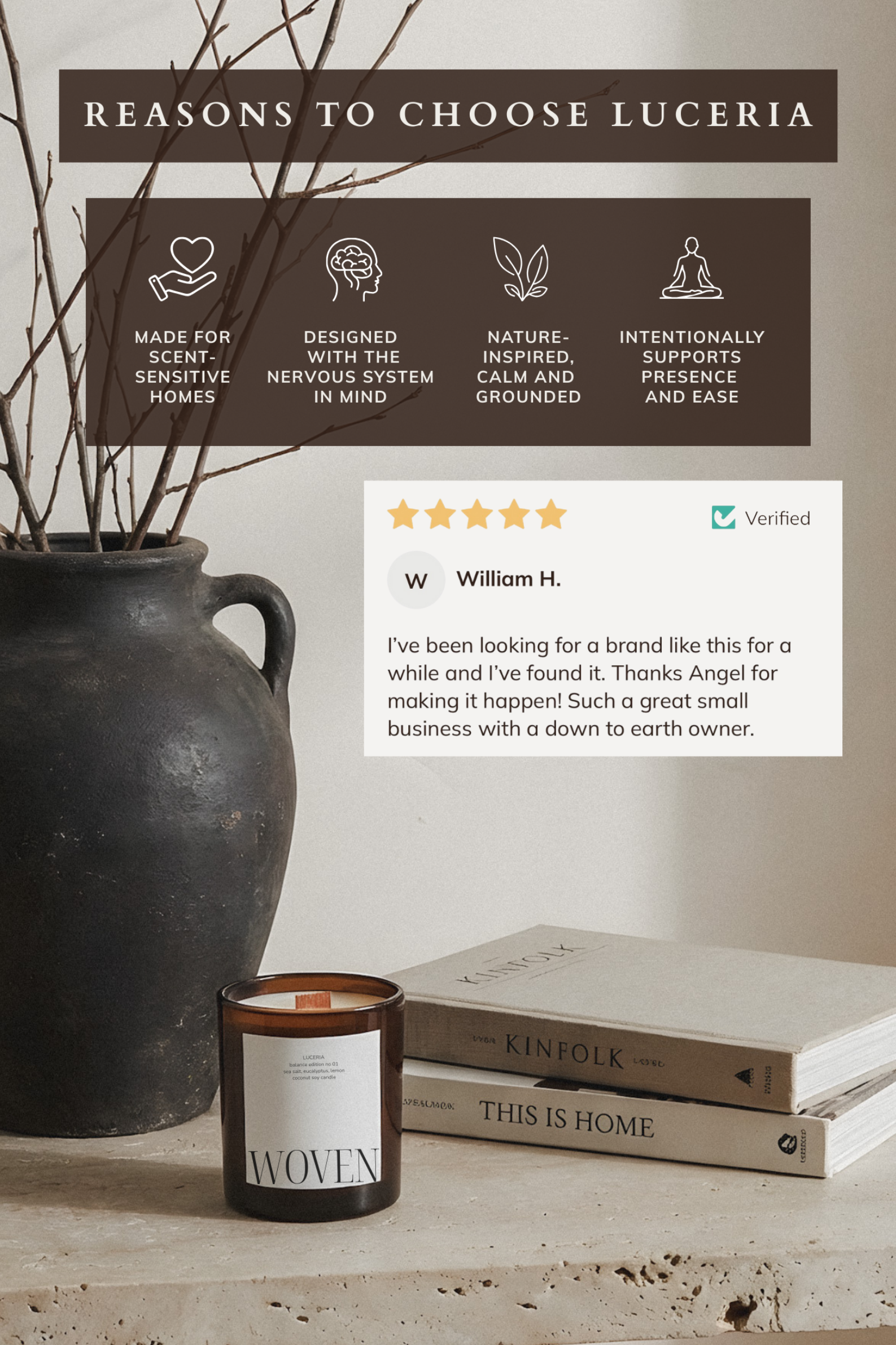 Candle with 'Woven' branding on a surface with a vase and books, featuring Luceria's brand values.